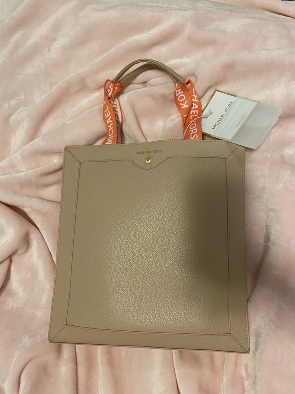 Michael Kors Beige Taupe Pebbled Leather Tote with Orange Ribbon Handles